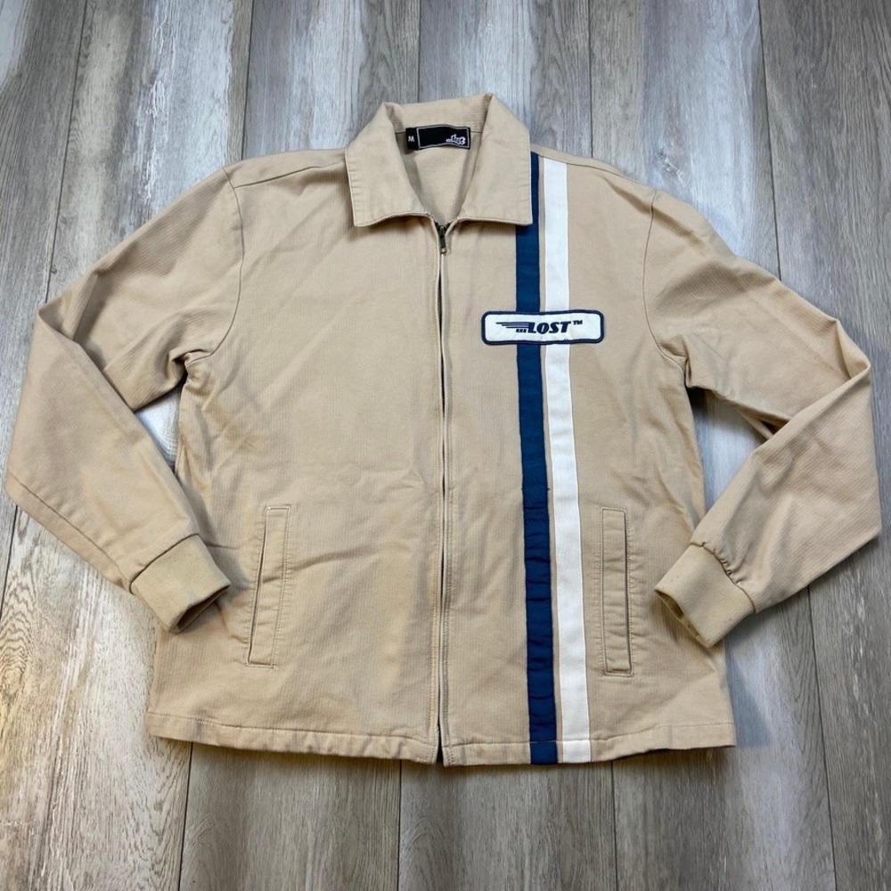 Lost Enterprises Racing Jacket Mens Medium Tan Blue Stripe Full Zip Mechanic Men